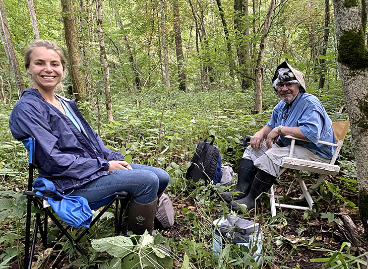 Jenna Odegard, left, and Tony DiNovo, right, at one of Lewis's mist-net sites in Ashley, Ohio. Both have participated in bat acoustic surveys for the ODNR, contributing to valuable data that helps researchers key in on bat abundance and distribution. 